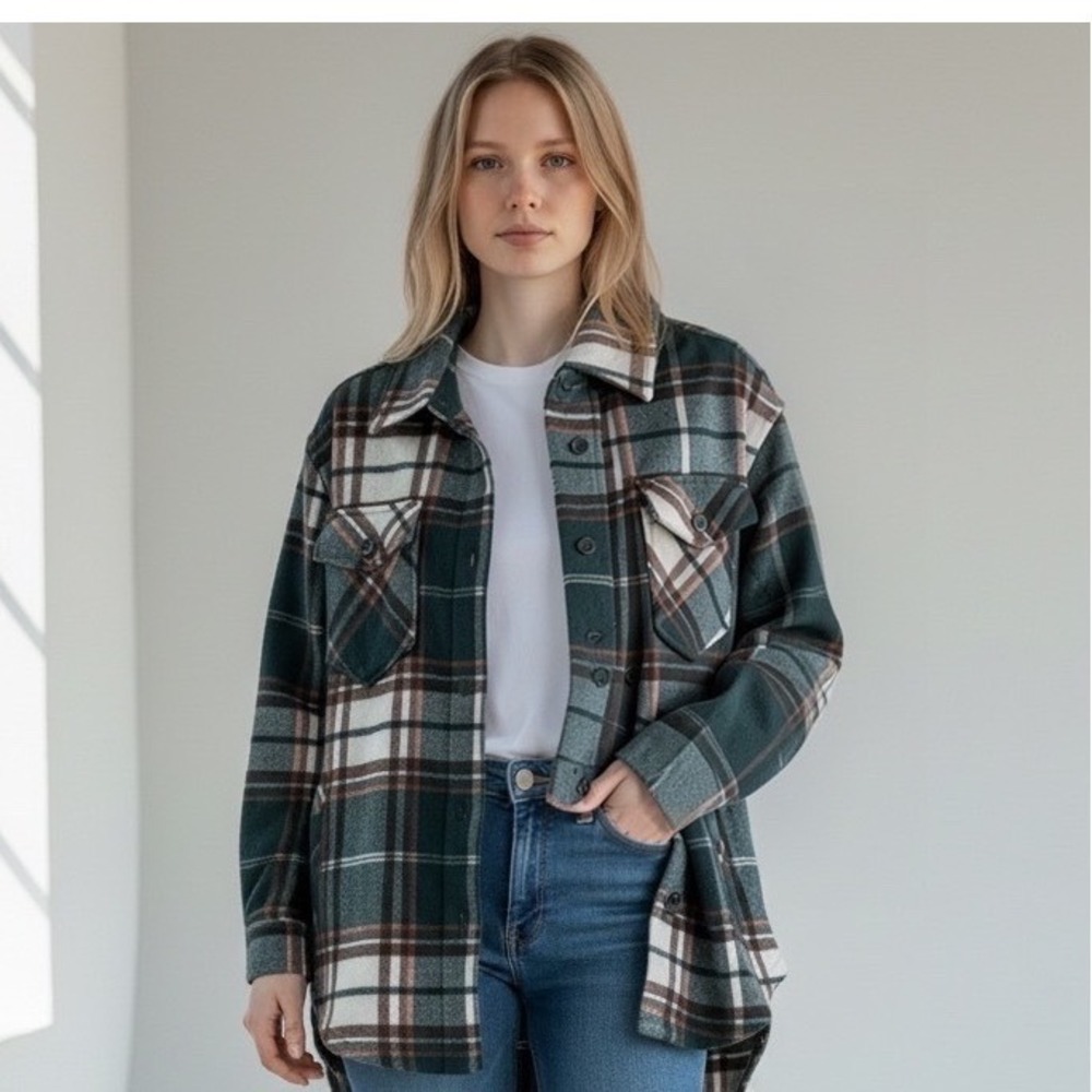 Woolx Sawyer Merino Wool Plaid Shacket Jacket Green Brown Small NWOT